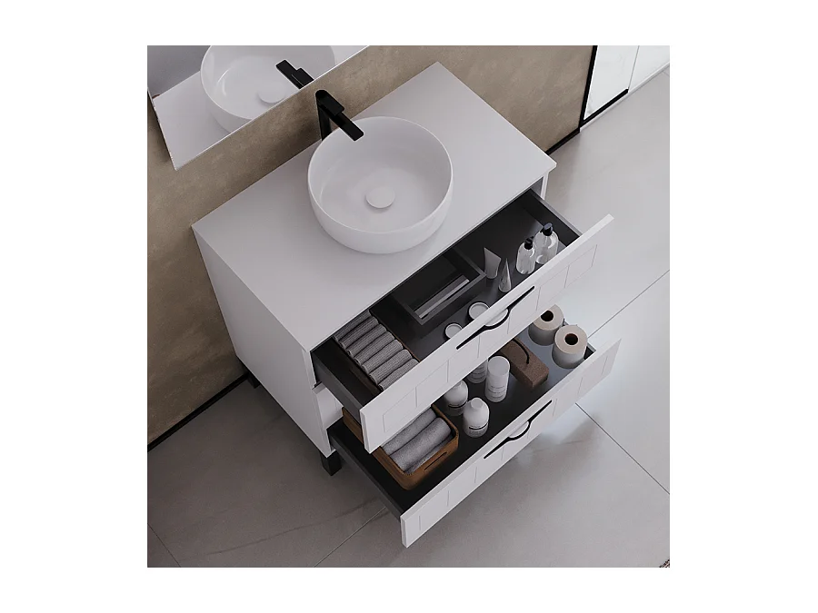 Meuble de salle de bain 70cm avec plateau et vasque à poser ronde - 3 tiroirs - sans miroir - blanc - CALA