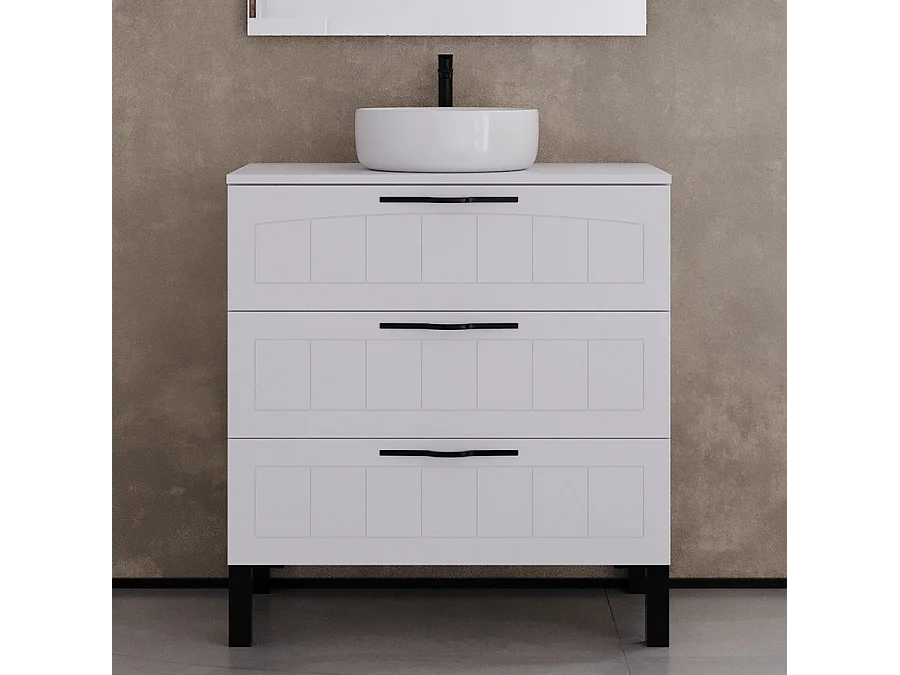 Meuble de salle de bain 70cm avec plateau et vasque à poser ronde - 3 tiroirs - sans miroir - blanc - CALA