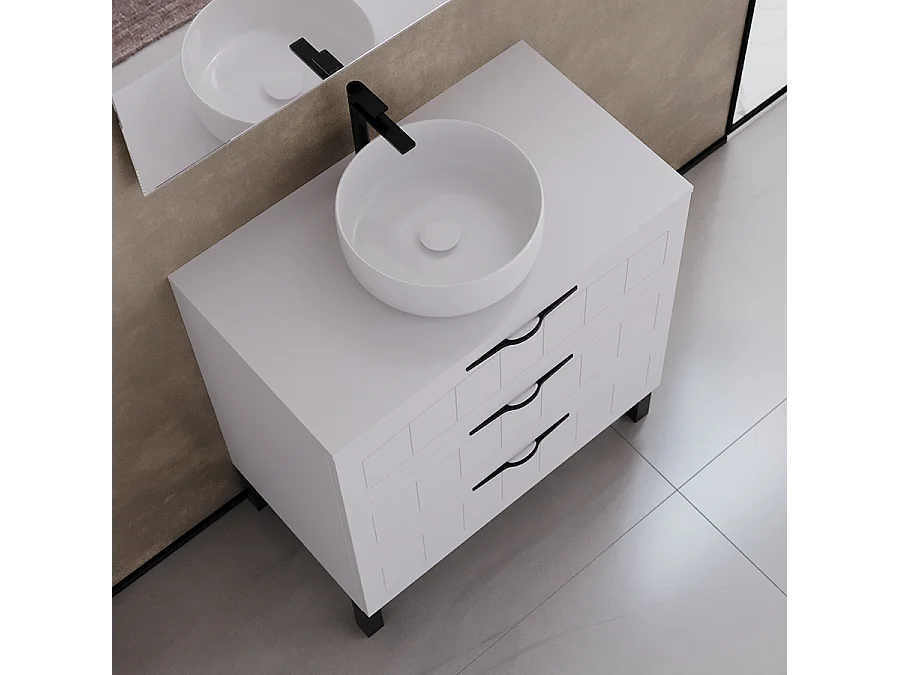 Meuble de salle de bain 70cm avec plateau et vasque à poser ronde - 3 tiroirs - sans miroir - blanc - CALA