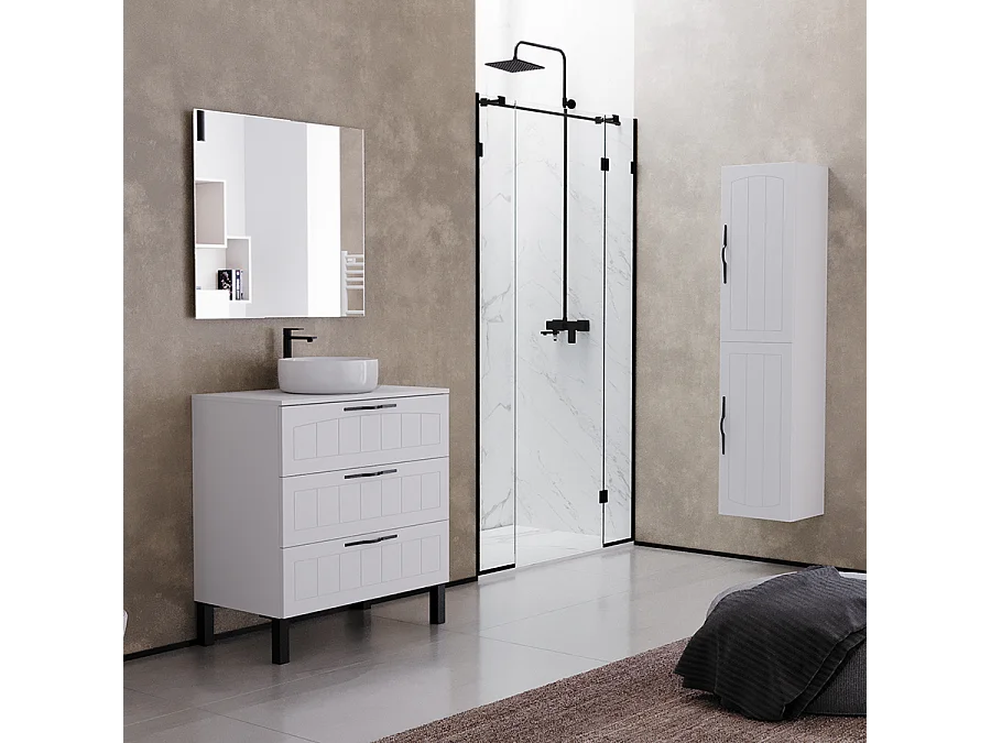 Meuble de salle de bain 70cm avec plateau et vasque à poser ronde - 3 tiroirs - sans miroir - blanc - CALA