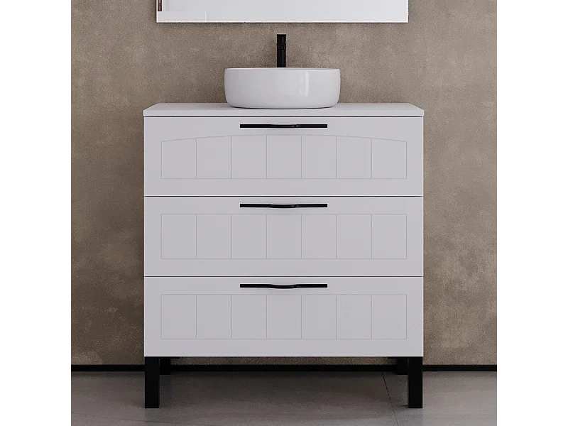 Meuble de salle de bain 70cm avec plateau et vasque à poser ronde - 3 tiroirs - sans miroir - blanc - CALA