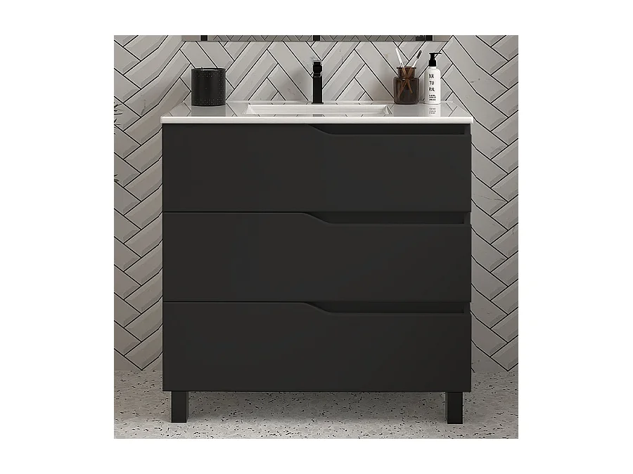 Meuble de salle de bain 60cm simple vasque - 3 tiroirs - sans miroir - noir - MATA