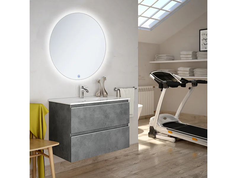 Meuble de salle de bain simple vasque - 2 tiroirs - BALEA et miroir rond Led SOLEN - ciment (gris) - 60cm