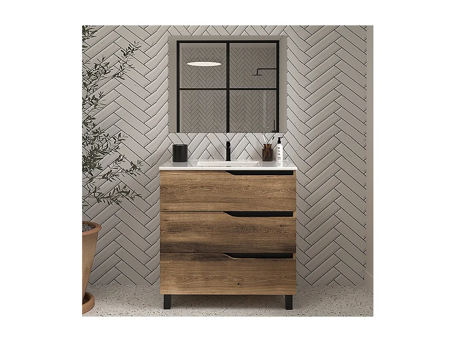 Meuble de salle de bain 60cm simple vasque - 3 tiroirs - tabaco (bois foncé) - MATA