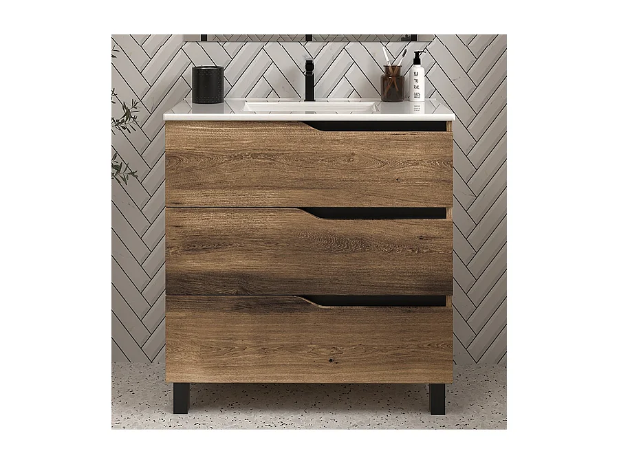 Meuble de salle de bain 60cm simple vasque - 3 tiroirs - tabaco (bois foncé) - MATA