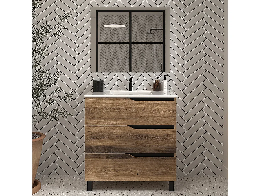 Meuble de salle de bain 60cm simple vasque - 3 tiroirs - tabaco (bois foncé) - MATA