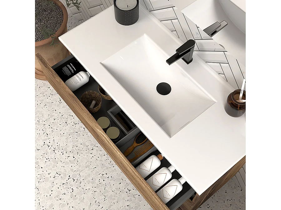 Meuble de salle de bain 60cm simple vasque - 3 tiroirs - tabaco (bois foncé) - MATA