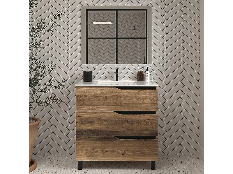 Meuble de salle de bain 60cm simple vasque - 3 tiroirs - tabaco (bois foncé) - MATA