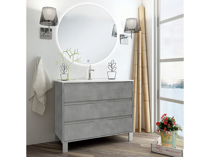 Meuble de salle de bain simple vasque - 3 tiroirs - TIRIS 3C et miroir rond Led SOLEN - ciment (gris) - 80cm