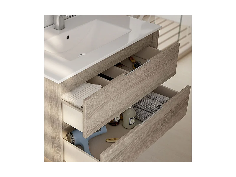 Meuble de salle de bain simple vasque - 3 tiroirs - TIRIS 3C et miroir rond Led SOLEN - ciment (gris) - 80cm