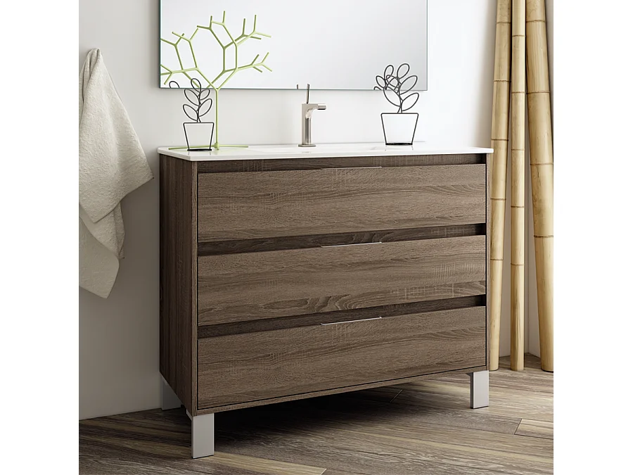 Meuble de salle de bain 100cm simple vasque - 3 tiroirs - TIRIS 3C - britannia (chêne foncé)