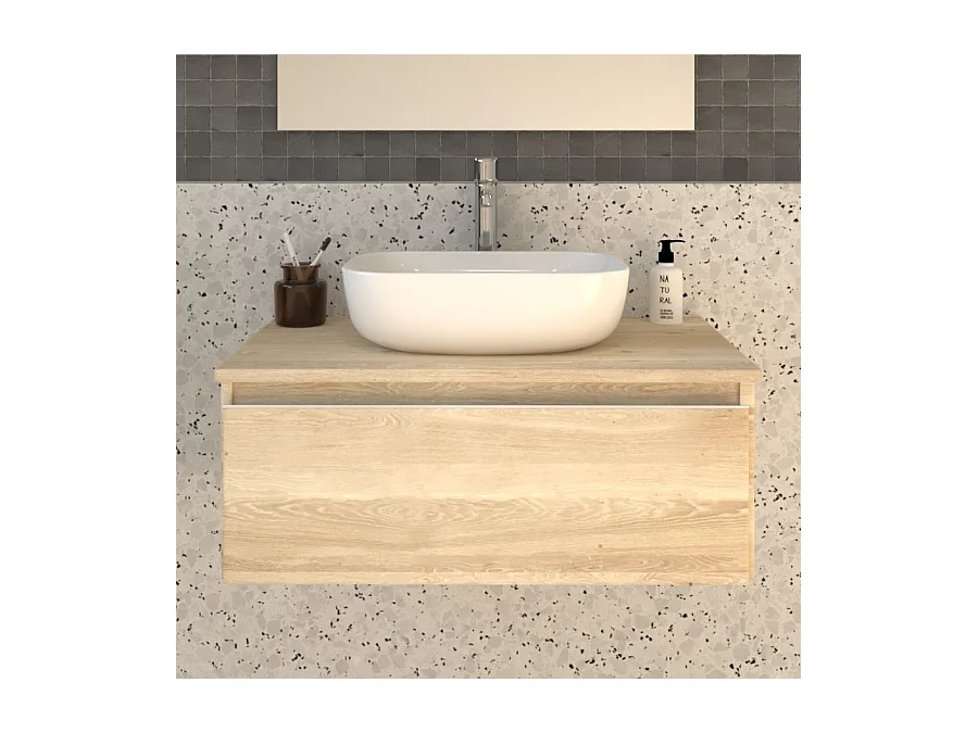 Meuble de salle de bain 1 tiroir avec vasque à poser arrondie sans miroir PENA - Bambou (chêne clair) - 80cm