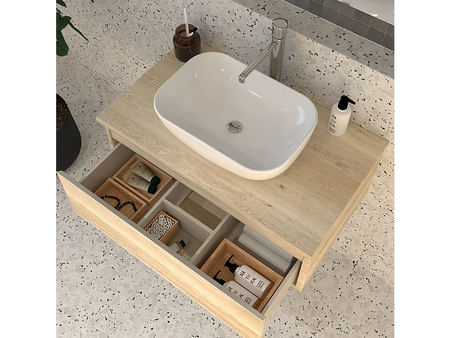 Meuble de salle de bain 1 tiroir avec vasque à poser arrondie sans miroir PENA - Bambou (chêne clair) - 80cm