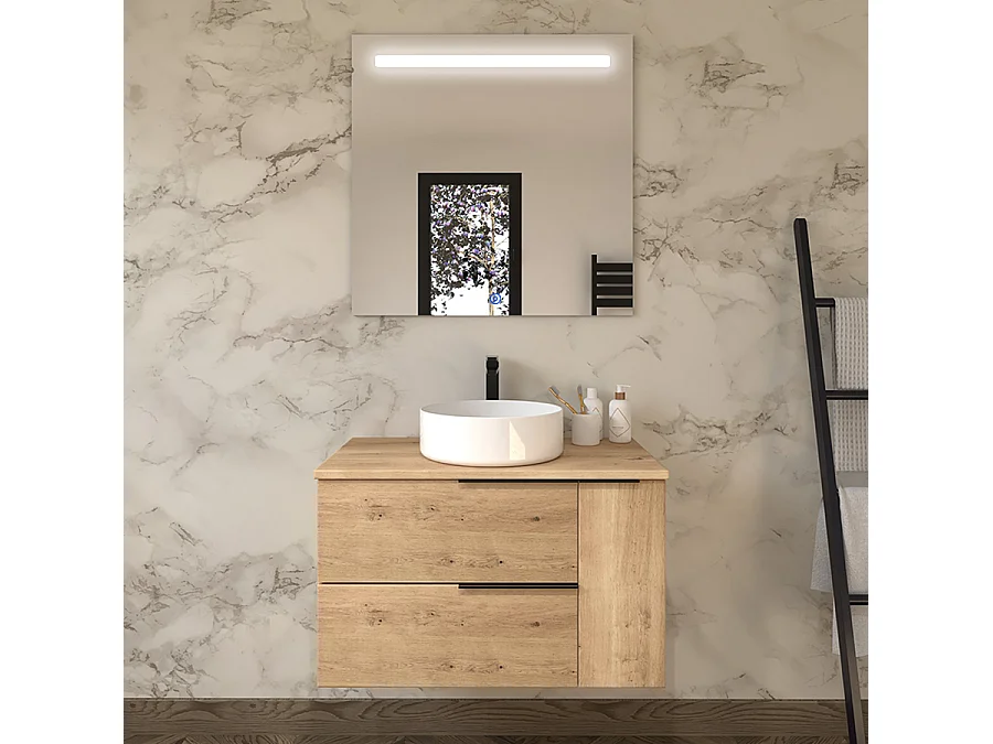 Meuble de salle de bain avec vasque à poser ronde KING et miroir Led STAM - Roble (chêne clair) - 80cm