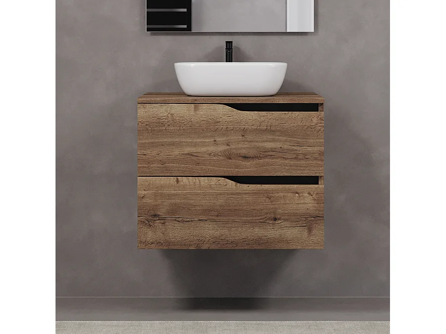 Meuble de salle de bain 80cm avec plateau et vasque à poser zeus - 2 tiroirs - sans miroir - tabaco (chêne foncé) - LUNA