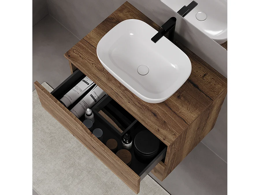 Meuble de salle de bain 80cm avec plateau et vasque à poser zeus - 2 tiroirs - sans miroir - tabaco (chêne foncé) - LUNA