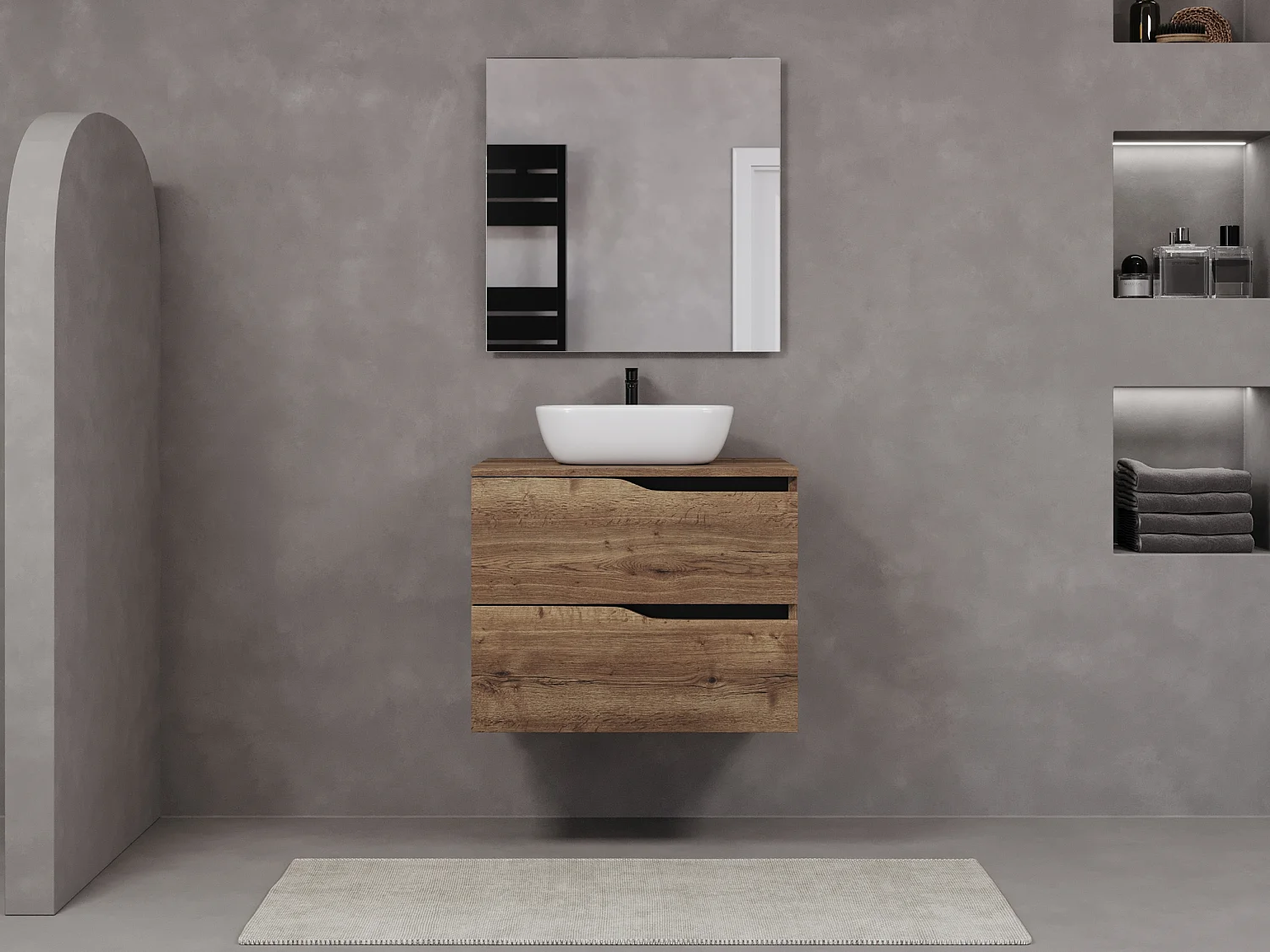 Meuble de salle de bain 80cm avec plateau et vasque à poser zeus - 2 tiroirs - sans miroir - tabaco (chêne foncé) - LUNA