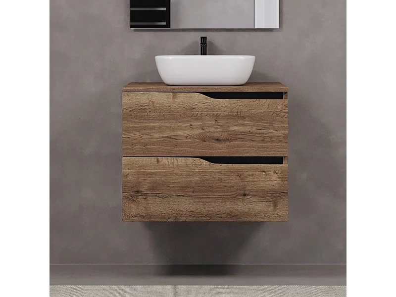 Meuble de salle de bain 80cm avec plateau et vasque à poser zeus - 2 tiroirs - sans miroir - tabaco (chêne foncé) - LUNA