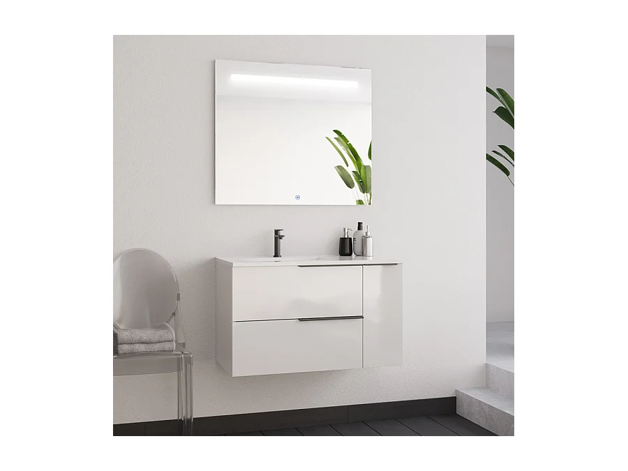 Meuble de salle de bain 80cm avec vasque déportée - blanc - KING et miroir STAM
