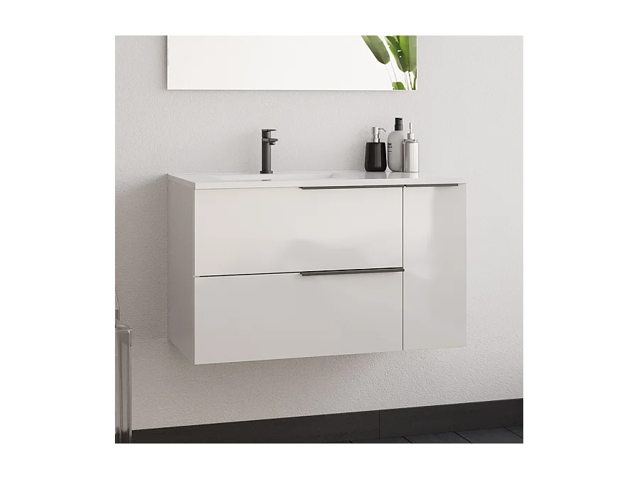 Meuble de salle de bain 80cm avec vasque déportée - blanc - KING et miroir STAM