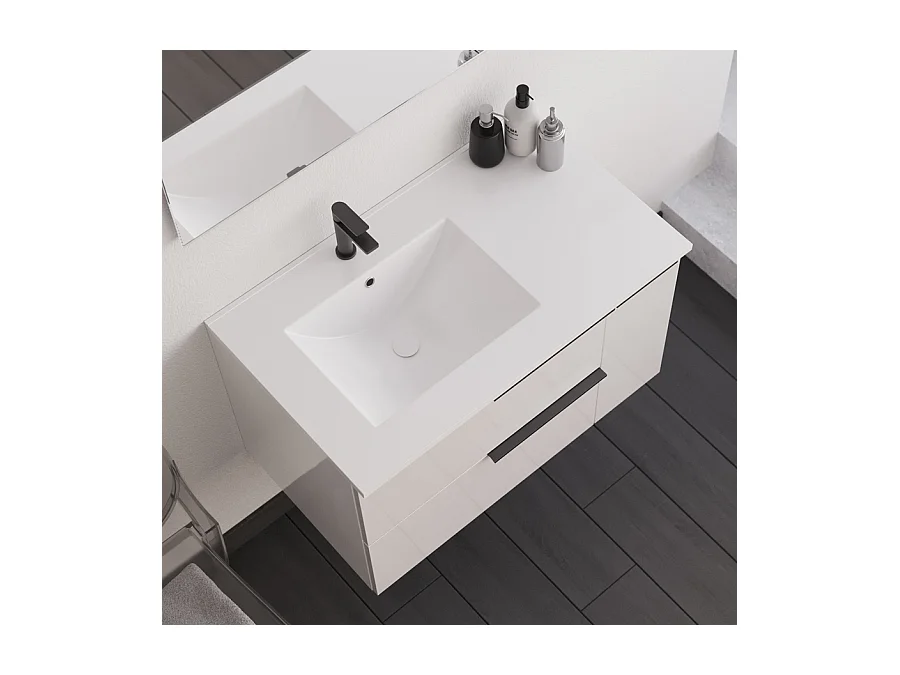 Meuble de salle de bain 80cm avec vasque déportée - blanc - KING et miroir STAM