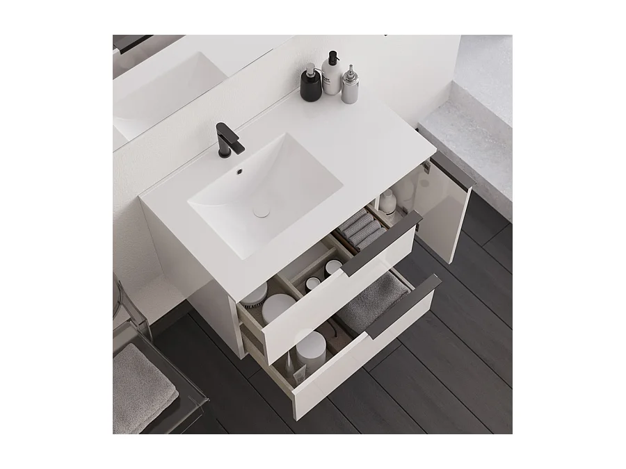 Meuble de salle de bain 80cm avec vasque déportée - blanc - KING et miroir STAM