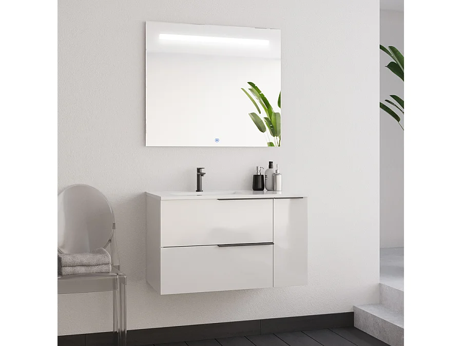 Meuble de salle de bain 80cm avec vasque déportée - blanc - KING et miroir STAM