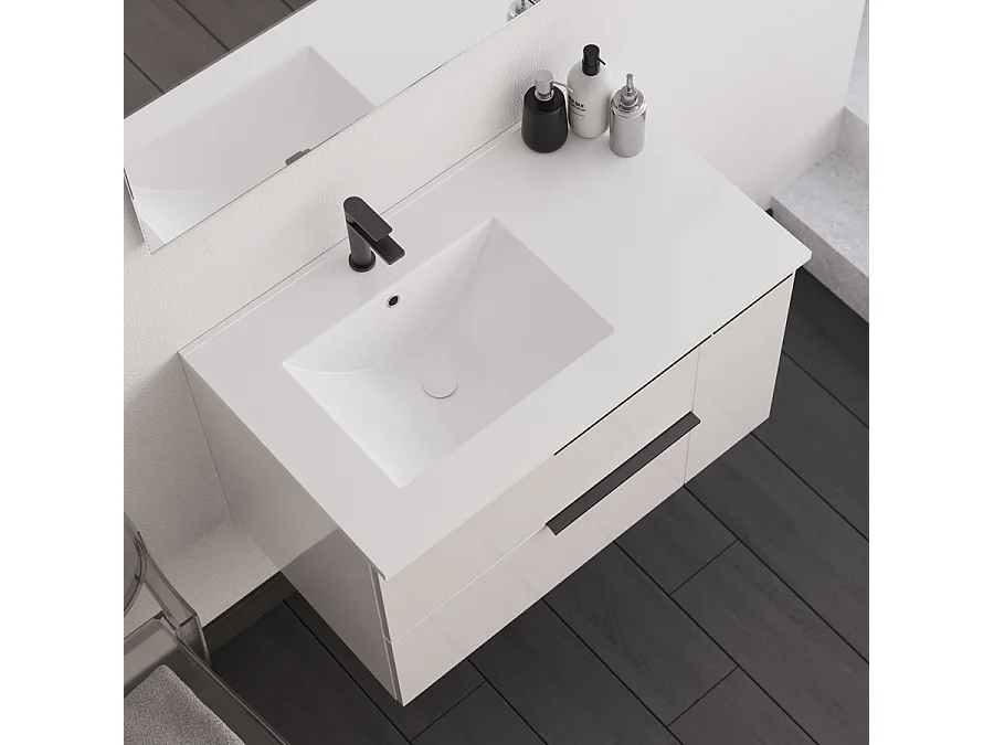 Meuble de salle de bain 80cm avec vasque déportée - blanc - KING et miroir STAM