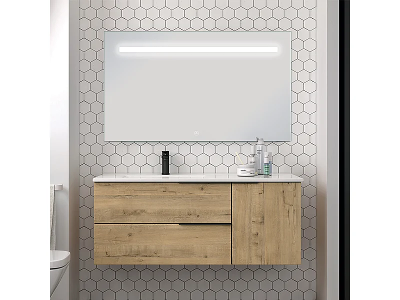 Meuble de salle de bain 100 cm vasque déportée - 2 tiroirs - KING et miroir Led STAM