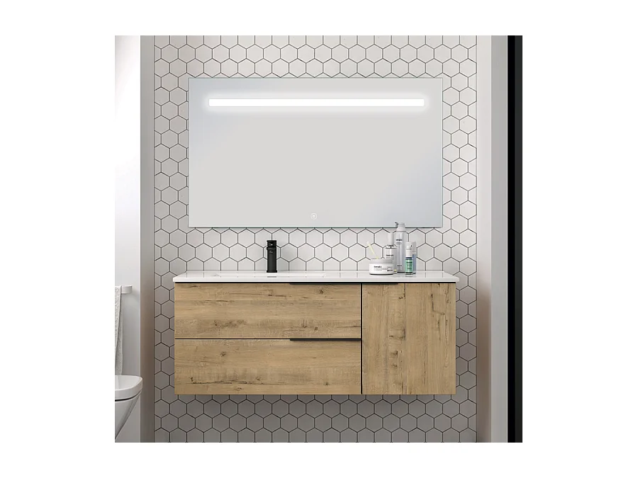 Meuble de salle de bain 100 cm vasque déportée - 2 tiroirs - KING et miroir Led STAM