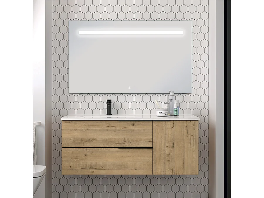 Meuble de salle de bain 100 cm vasque déportée - 2 tiroirs - KING et miroir Led STAM