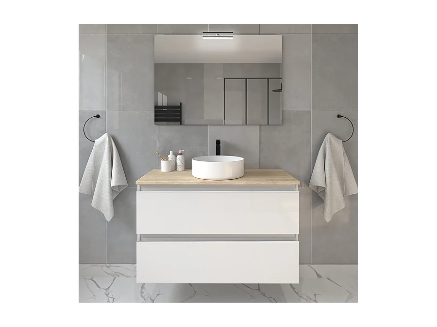 Meuble de salle de bain 2 tiroirs avec vasque à poser ronde et miroir avec applique BALEA - Blanc - 80cm
