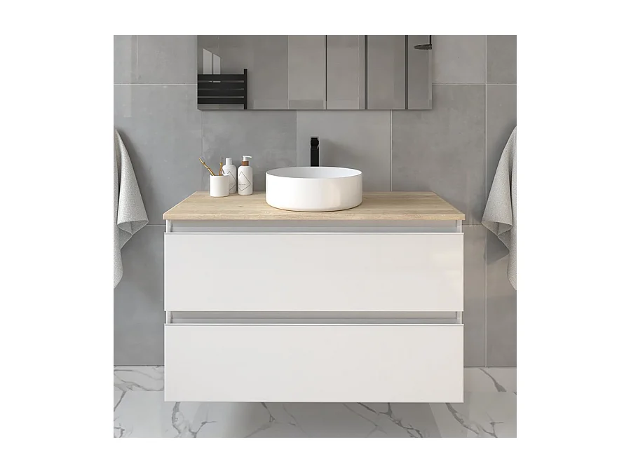 Meuble de salle de bain 2 tiroirs avec vasque à poser ronde et miroir avec applique BALEA - Blanc - 80cm