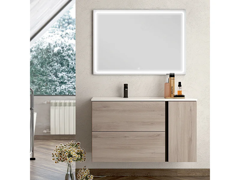 Meuble de salle de bain vasque déportée - 2 tiroirs - PRADO et miroir Led VELDI - oak (chêne brut) - 80cm