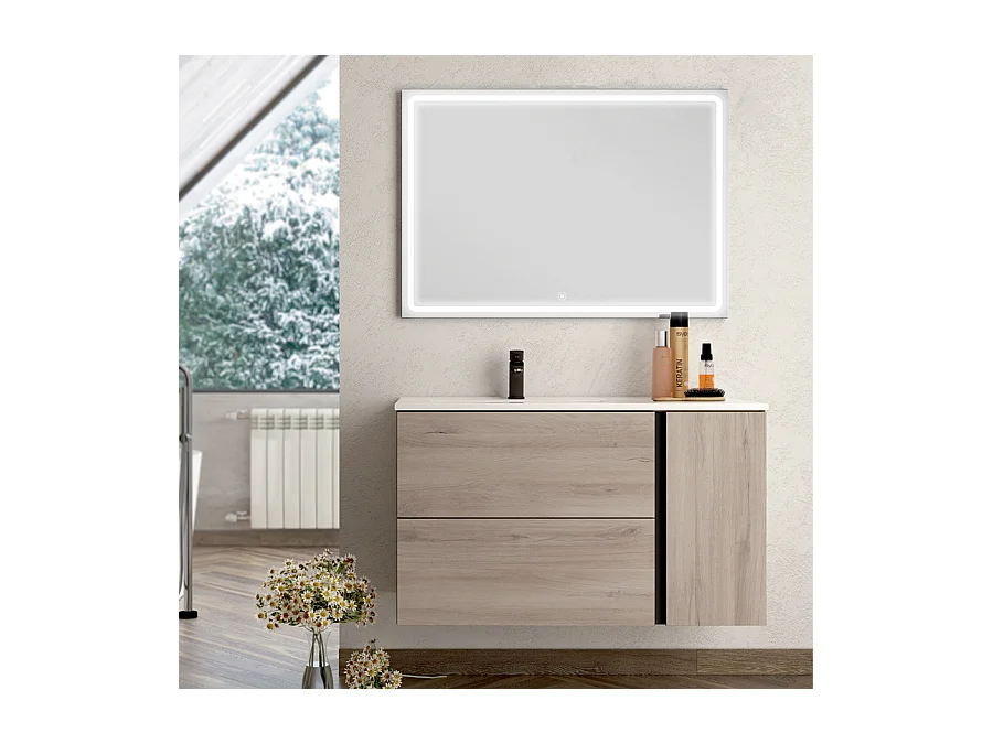 Meuble de salle de bain vasque déportée - 2 tiroirs - PRADO et miroir Led VELDI - oak (chêne brut) - 80cm