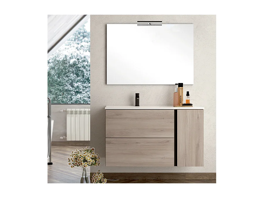 Meuble de salle de bain vasque déportée - 2 tiroirs - PRADO et miroir Led VELDI - oak (chêne brut) - 80cm