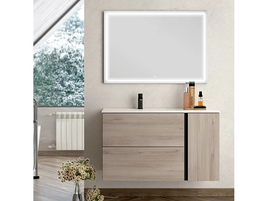 Meuble de salle de bain vasque déportée - 2 tiroirs - PRADO et miroir Led VELDI - oak (chêne brut) - 80cm