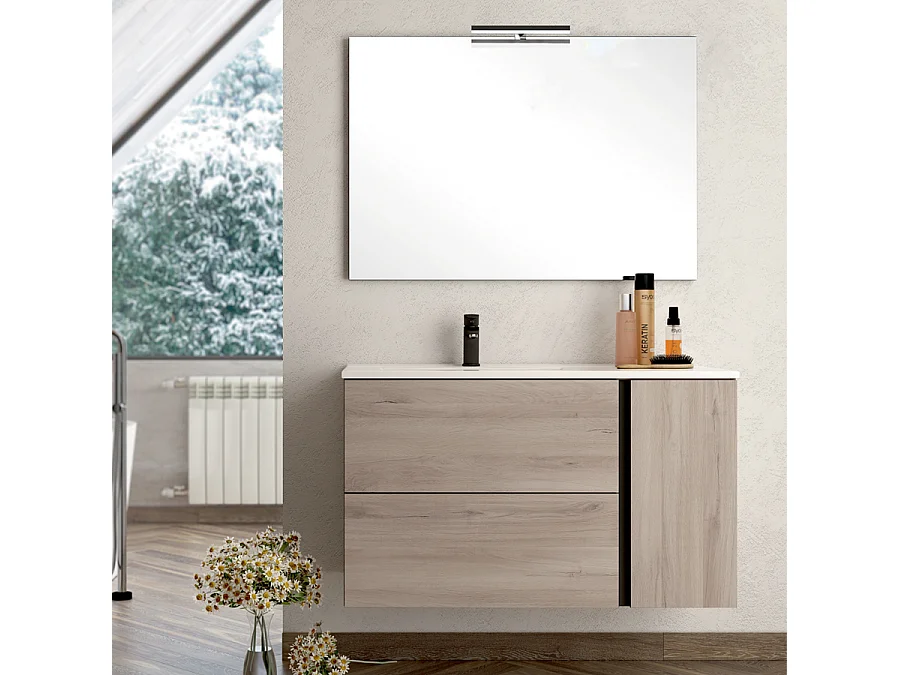 Meuble de salle de bain vasque déportée - 2 tiroirs - PRADO et miroir Led VELDI - oak (chêne brut) - 80cm