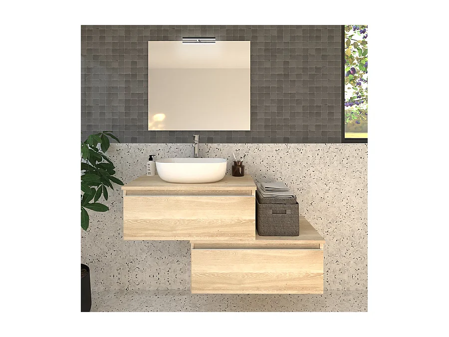 Meuble de salle de bain 2 tiroirs avec vasque à poser arrondie PENA et miroir avec applique - Bambou (chêne clair) - 120cm