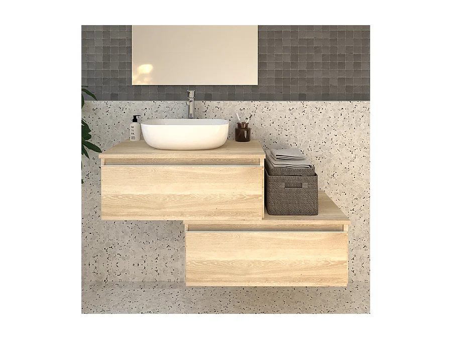 Meuble de salle de bain 2 tiroirs avec vasque à poser arrondie PENA et miroir avec applique - Bambou (chêne clair) - 120cm