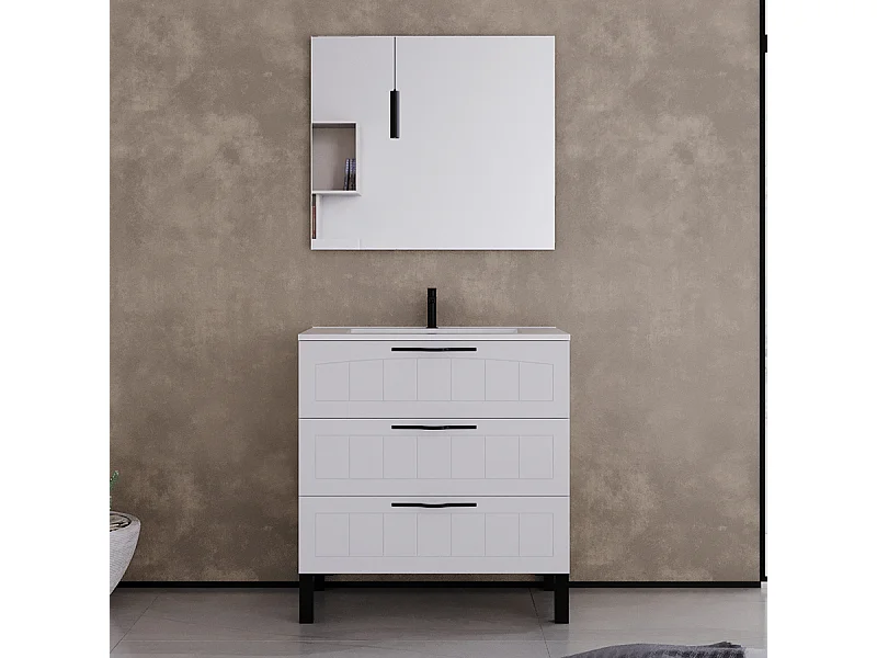 Meuble de salle de bain 80cm simple vasque - 3 tiroirs - blanc - CALA