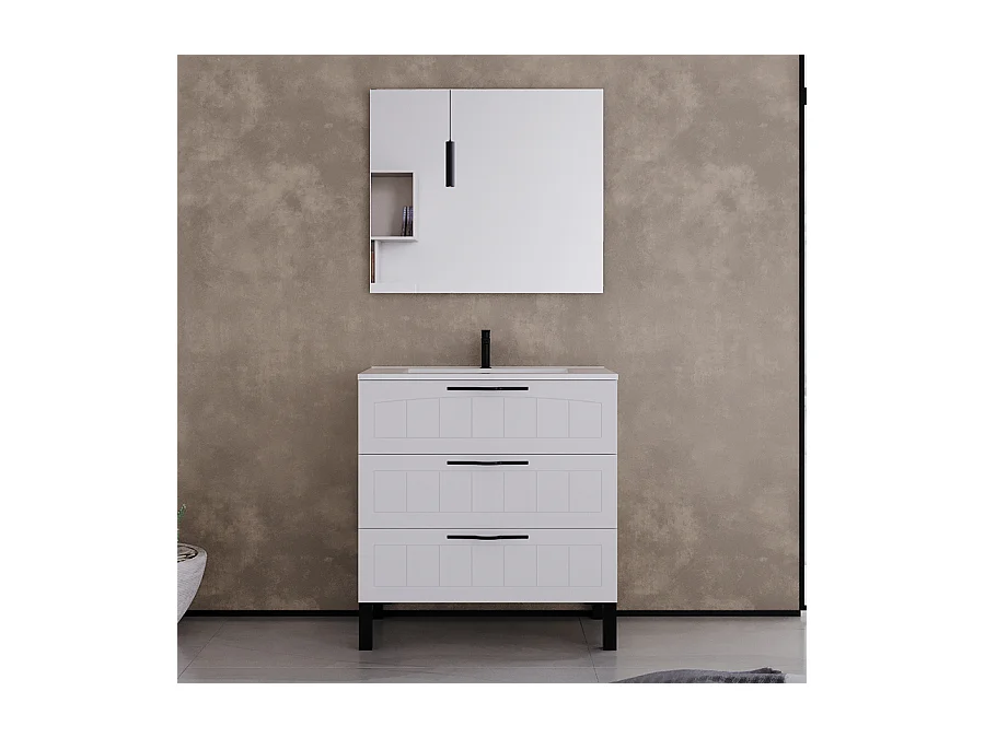 Meuble de salle de bain 80cm simple vasque - 3 tiroirs - blanc - CALA