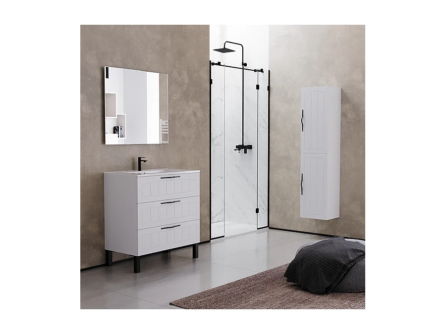 Meuble de salle de bain 80cm simple vasque - 3 tiroirs - blanc - CALA