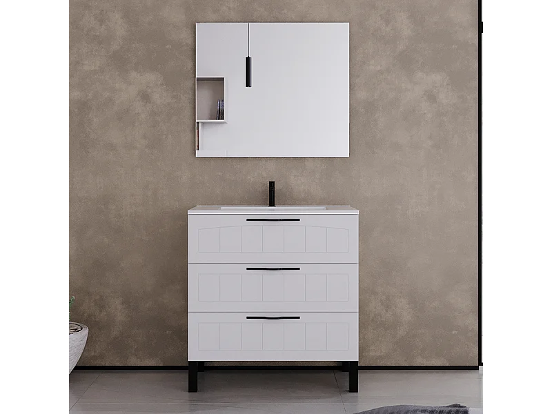 Meuble de salle de bain 80cm simple vasque - 3 tiroirs - blanc - CALA