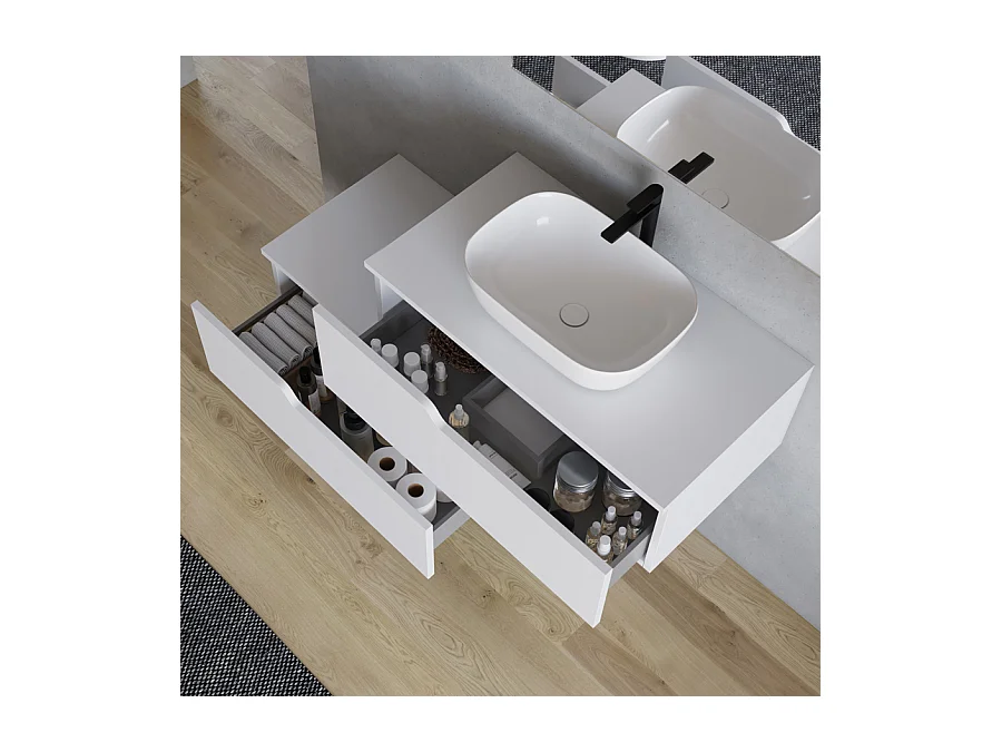 Meuble de salle de bain 120cm avec vasque à poser arrondie - sans miroir - 2 tiroirs - blanc - CADIX