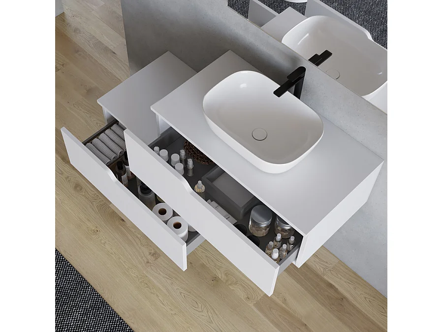 Meuble de salle de bain 120cm avec vasque à poser arrondie - sans miroir - 2 tiroirs - blanc - CADIX