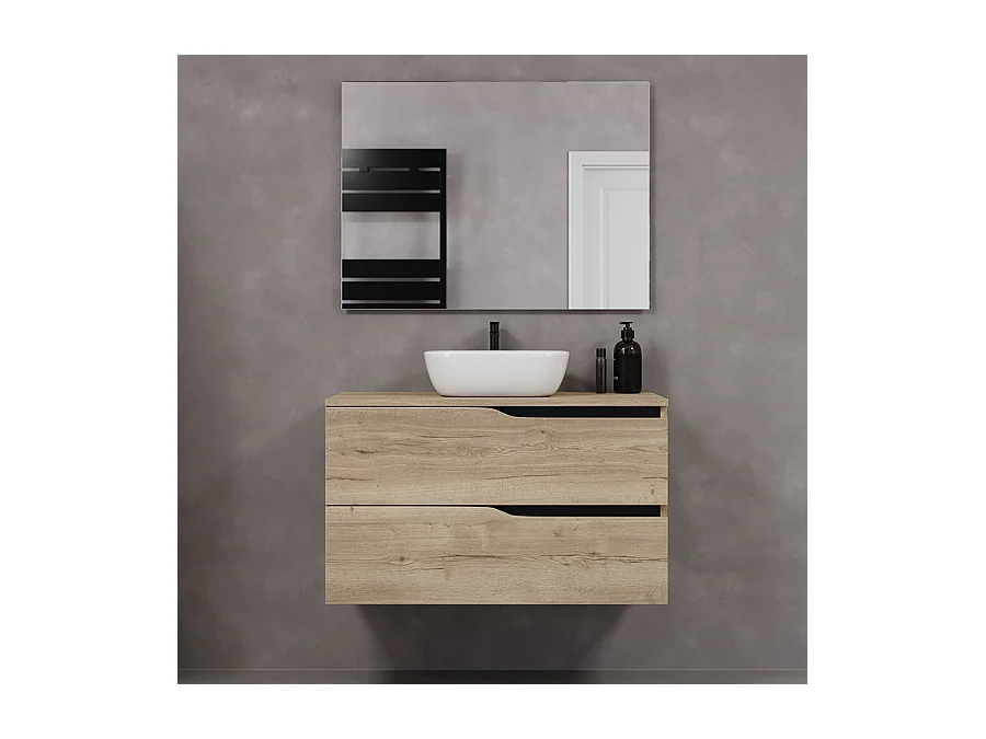 Meuble de salle de bain 100cm avec plateau et vasque à poser zeus - 2 tiroirs - madera miel (chêne clair) - LUNA