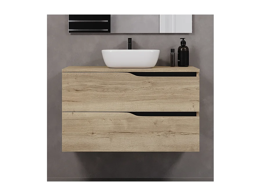 Meuble de salle de bain 100cm avec plateau et vasque à poser zeus - 2 tiroirs - madera miel (chêne clair) - LUNA