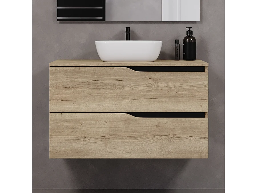 Meuble de salle de bain 100cm avec plateau et vasque à poser zeus - 2 tiroirs - madera miel (chêne clair) - LUNA