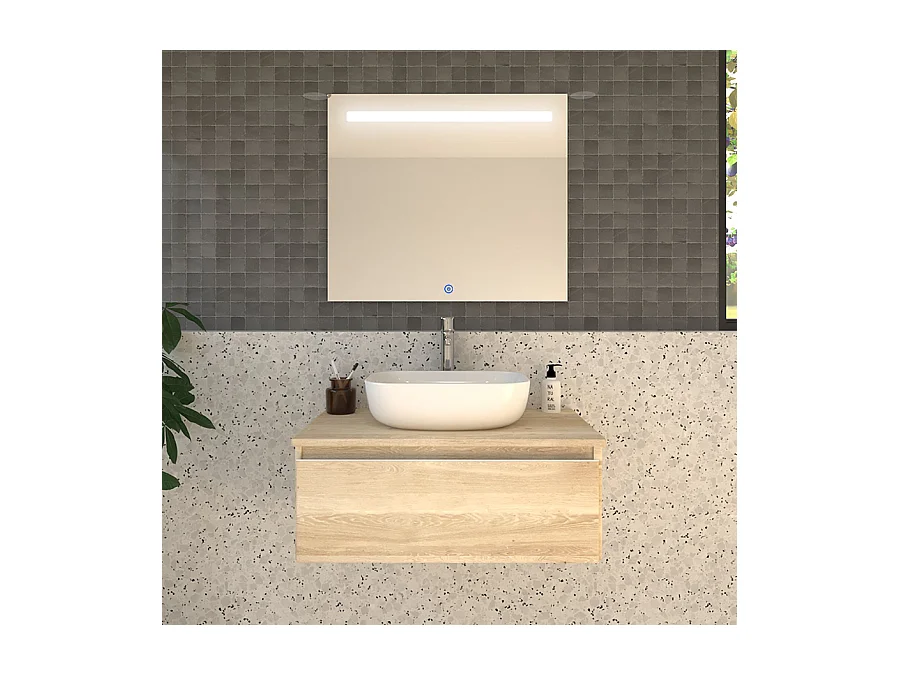 Meuble de salle de bain 1 tiroir avec vasque à poser arrondie PENA et miroir Led STAM - Bambou (chêne clair) - 80cm